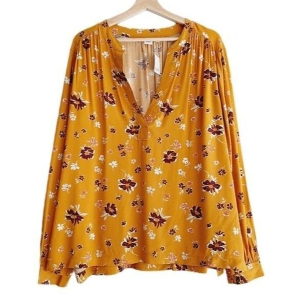 GAP Light Flowy Split V-neck Boho Blouse Yellow Floral Sz XXL